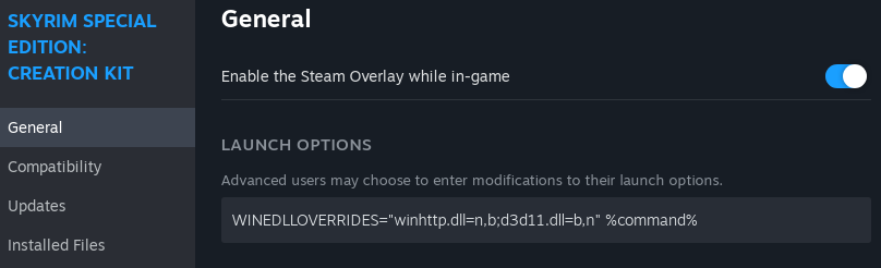 Launch options for Creation Kit, with CKPE installed